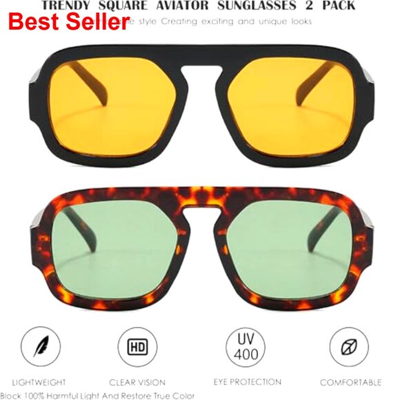 Square Aviator Sunglasses UV400 Protection Lightweight Acetate Frame - Picture 2 of 7